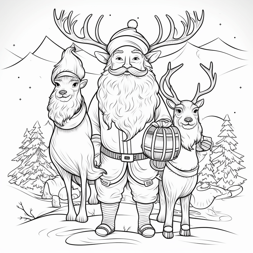 "Weihnachtsmann und Rentiere" kostenloses Ausmalbild