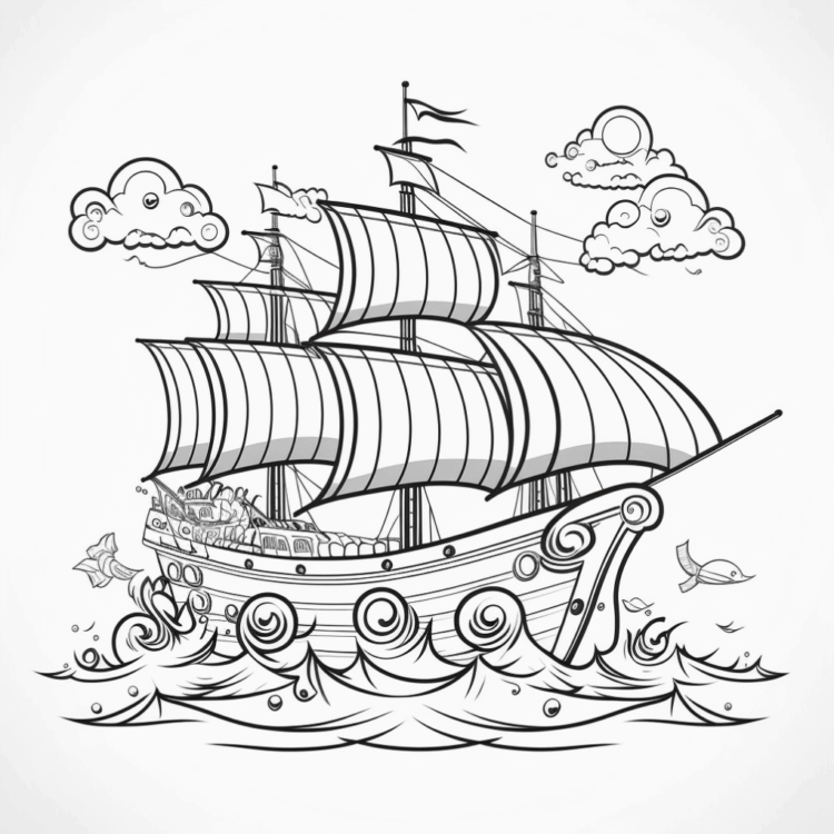 Dibujo para colorear barco y nubes