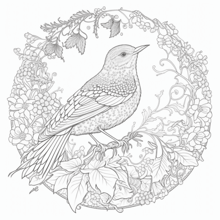 Dibujo para colorear pájaro en flores
