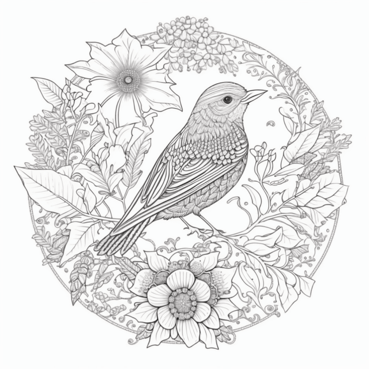 Dibujo para colorear pájaro en corona de flores