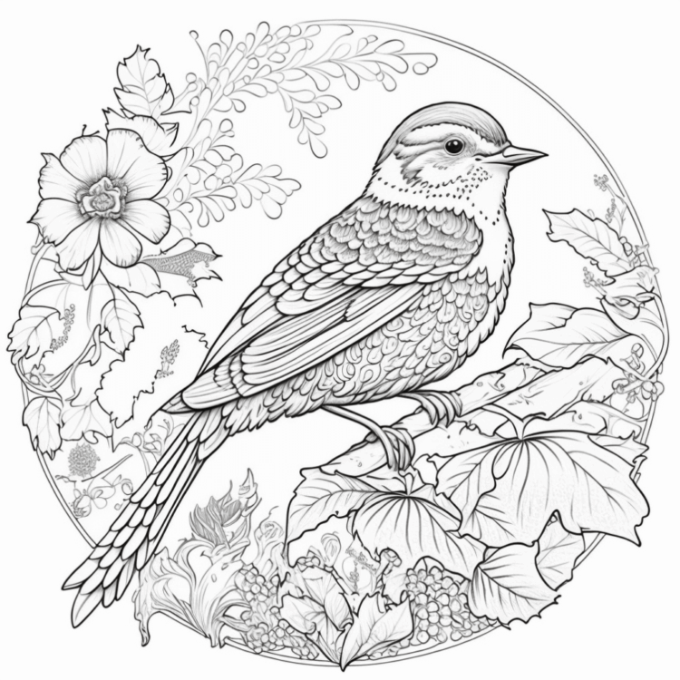Dibujo para colorear pájaro con flores