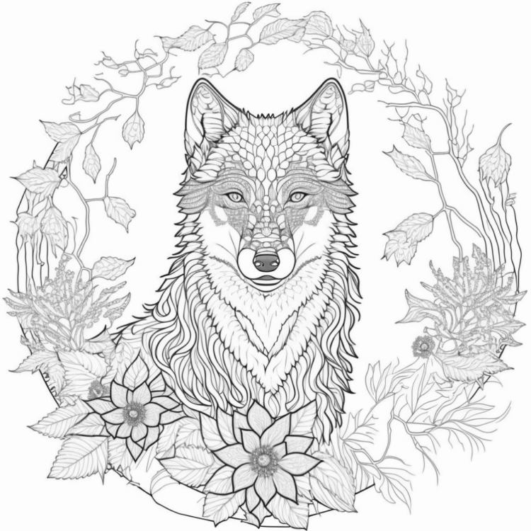 Dibujo para colorear lobo en una corona de flores