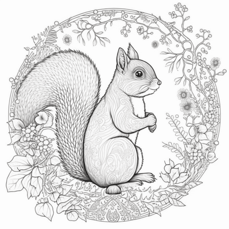 Coloring picture squirrel in a wreath of flowers