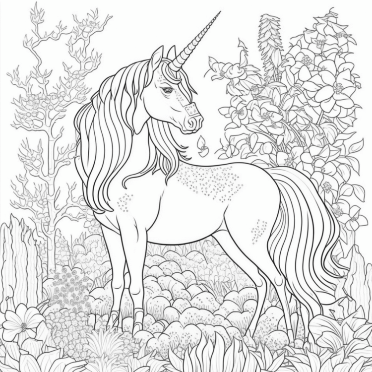 Dibujo para colorear unicornio en la naturaleza