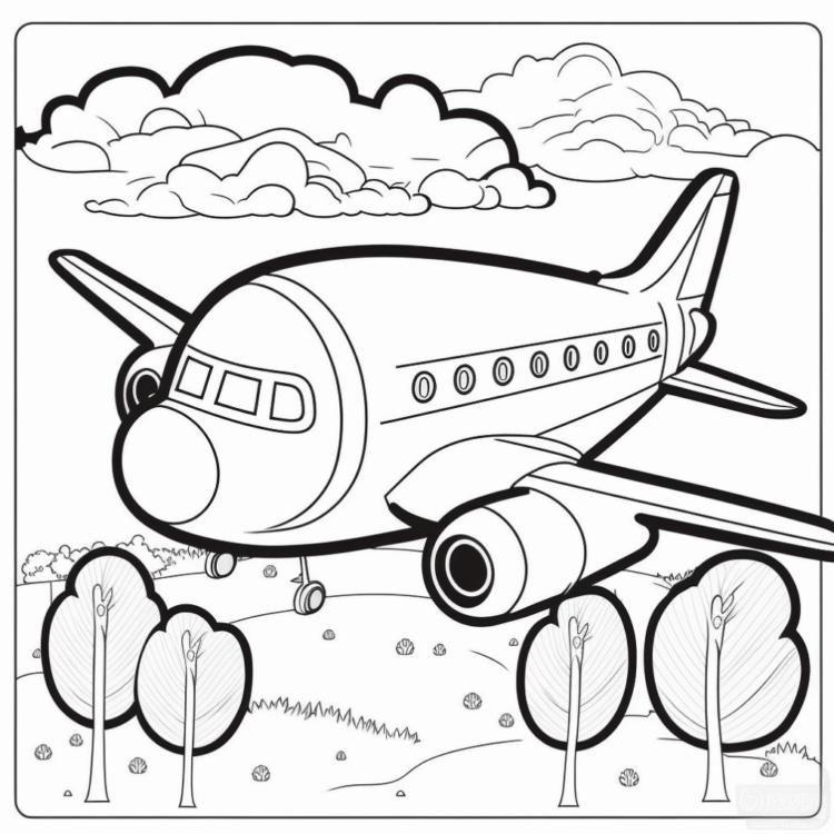 Dibujo para colorear de un avión en el bosque