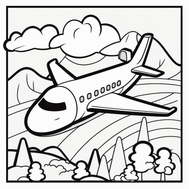 Dibujo para colorear avión sobre bosque