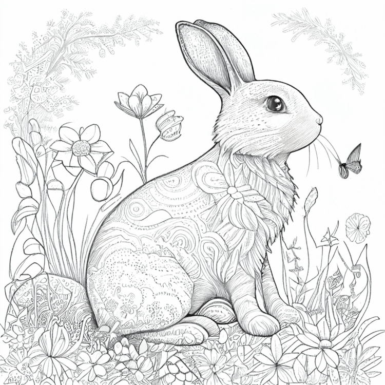 Dibujo para colorear conejito en flores