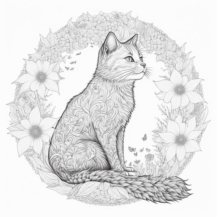 Dibujo para colorear gato en una corona de flores