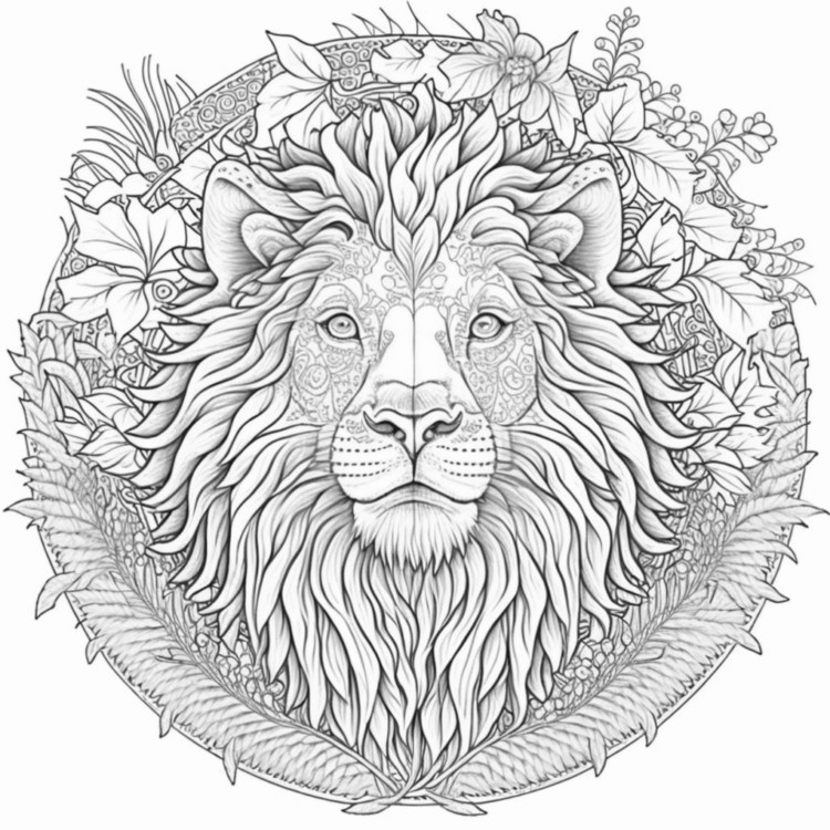 Dibujo para colorear león en corona de flores