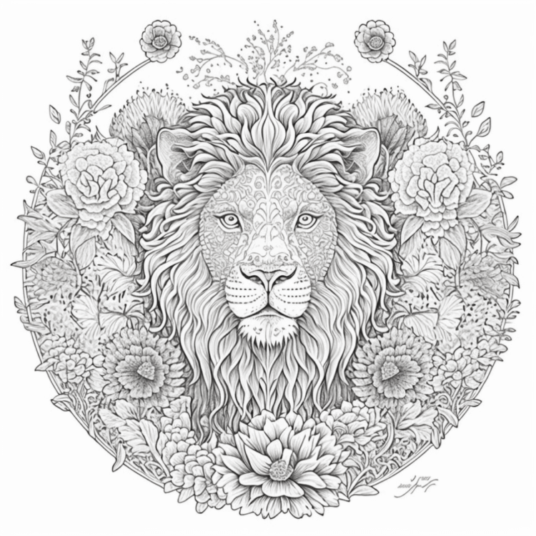 Dibujo para colorear león y flores