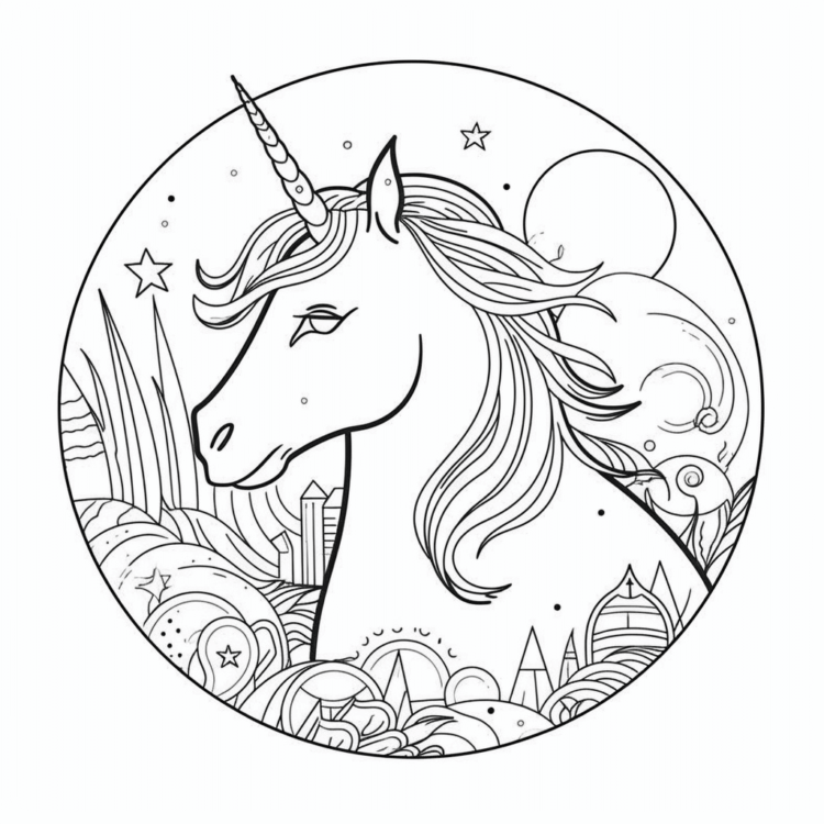 Dibujo para colorear un unicornio en círculo