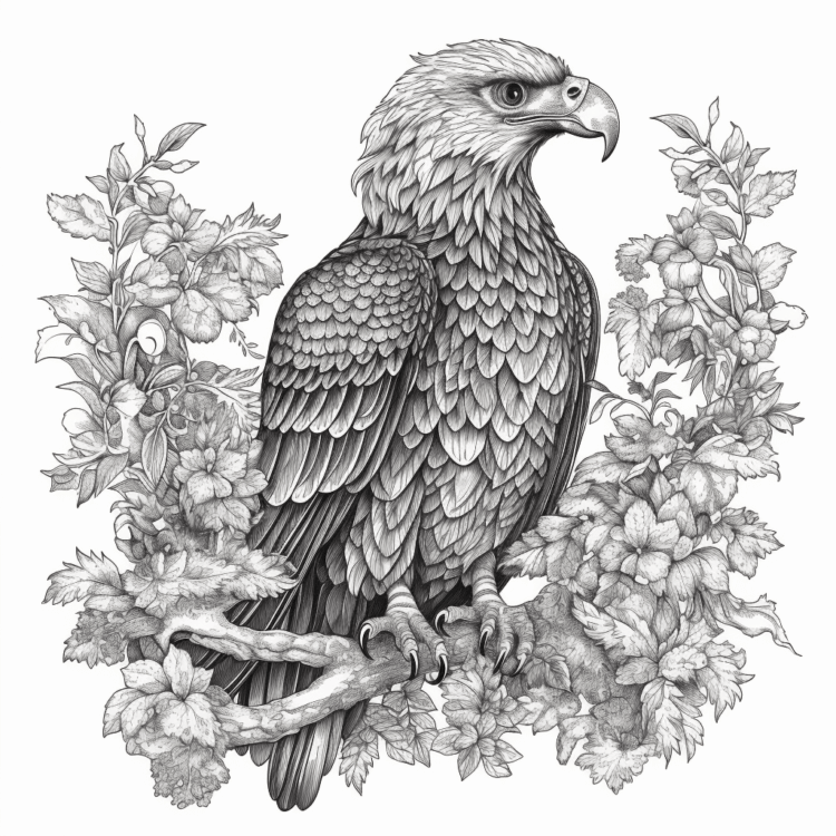 Dibujo para colorear águila y flores