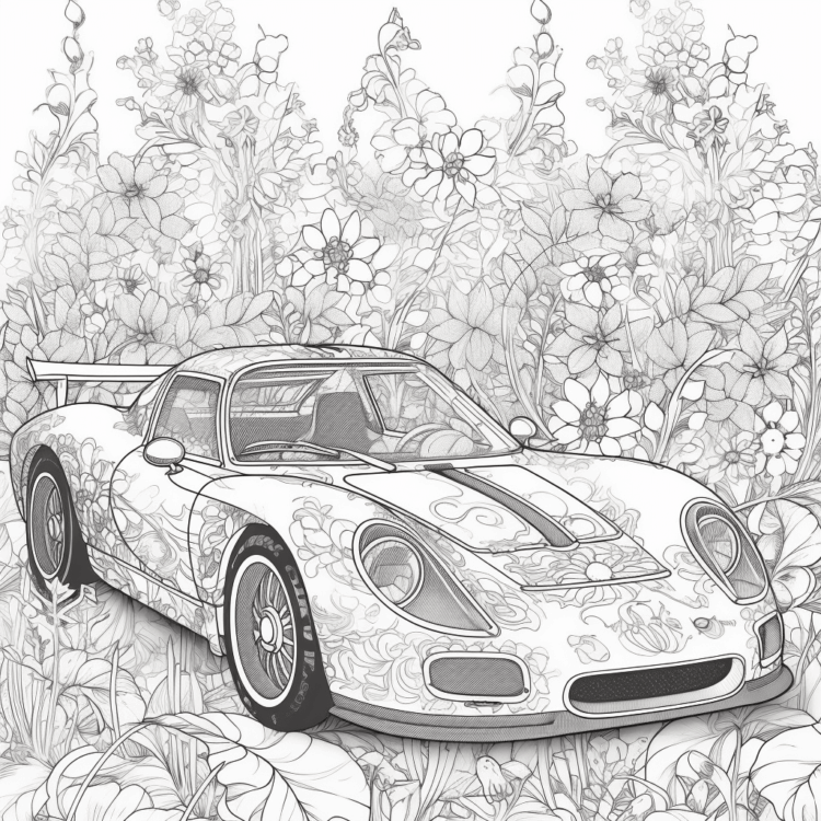 Dibujo para colorear coche en diseño floral