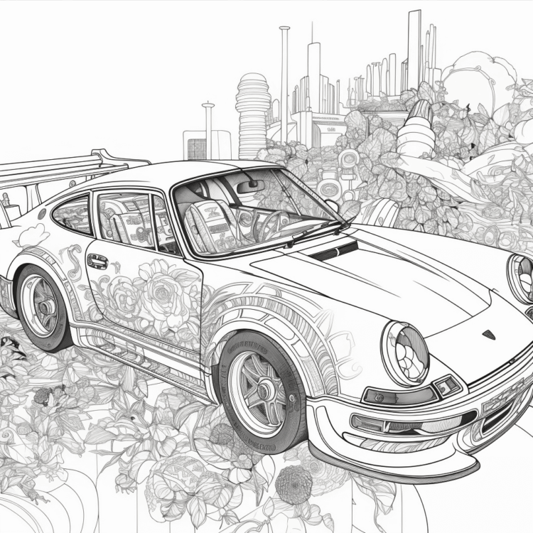 Dibujo para colorear coche y flores