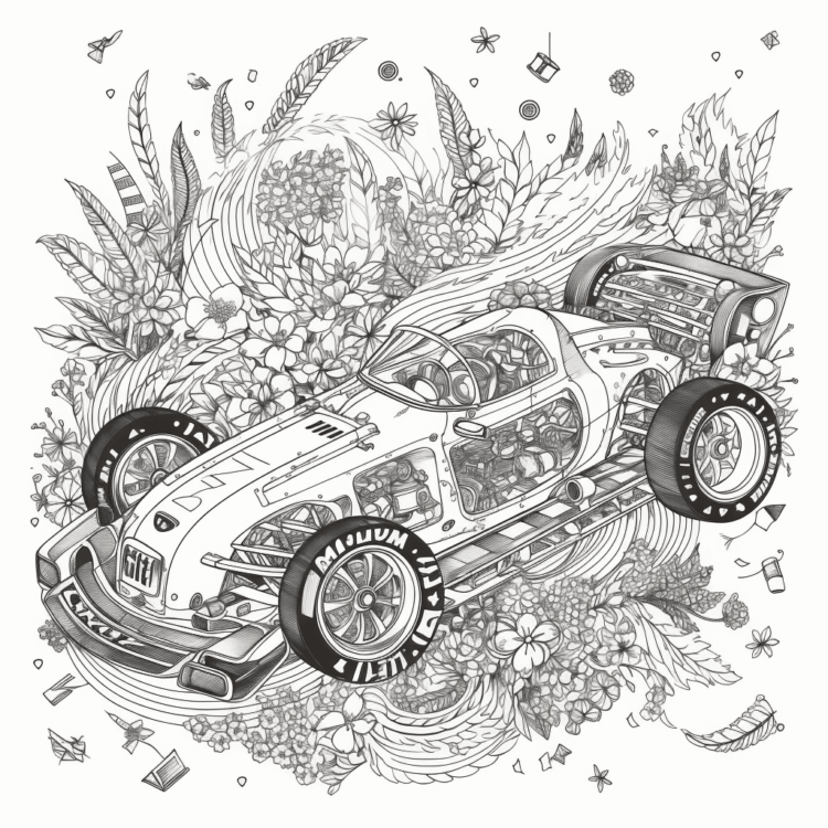 Dibujo para colorear coches en fondo floral