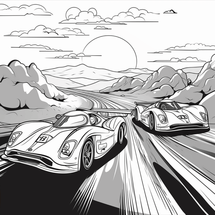 Dibujo para colorear coches y puesta de sol