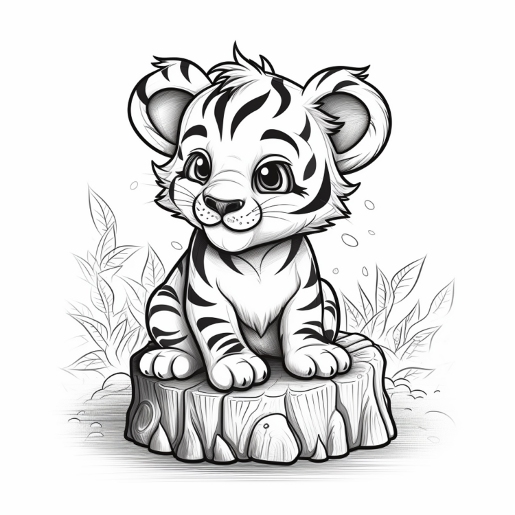"Baby-Tiger auf einem Baumstamm" Ausmalbild - kostenlos herunterladen