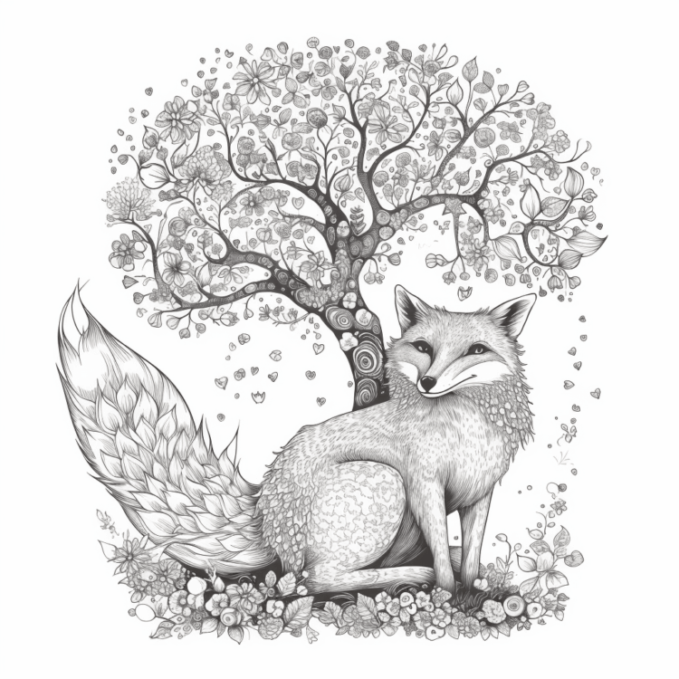 Dibujo para colorear árbol y zorro