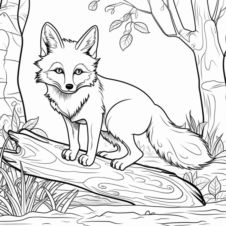 Dibujo para colorear tronco de árbol y zorro