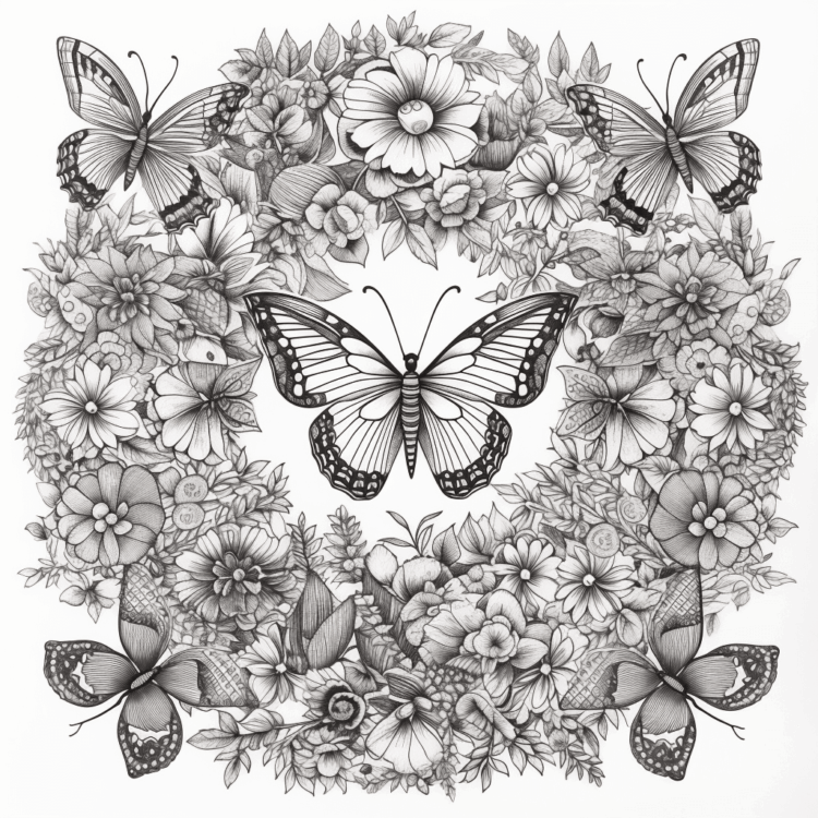 Dibujo para colorear flor y mariposas
