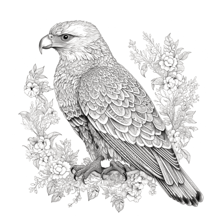 Dibujo para colorear flores y águila
