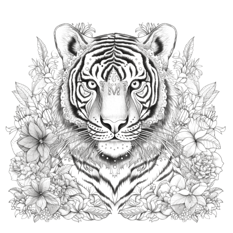 Dibujo para colorear flores y tigre
