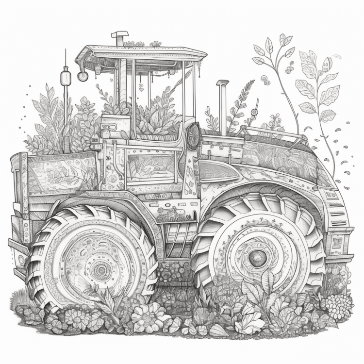 Coloring picture flowers and tractor