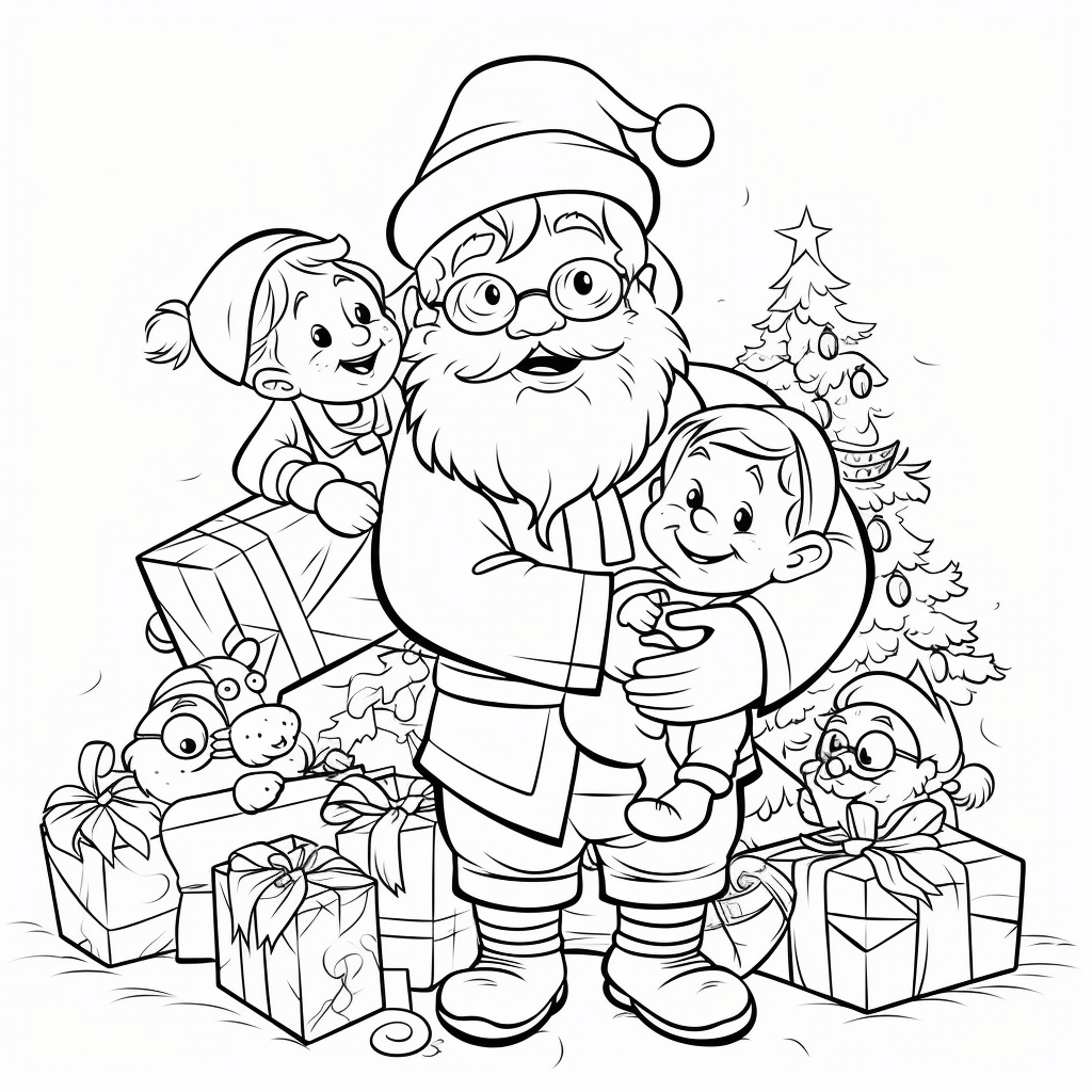 "Der Weihnachtsmann und die Kinder" kostenloses Ausmalbild