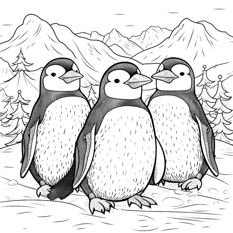 Dibujo para colorear Tres pingüinos y montaña
