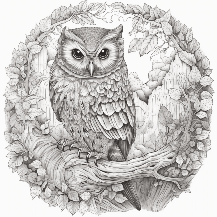 Dibujo para colorear búho en rama