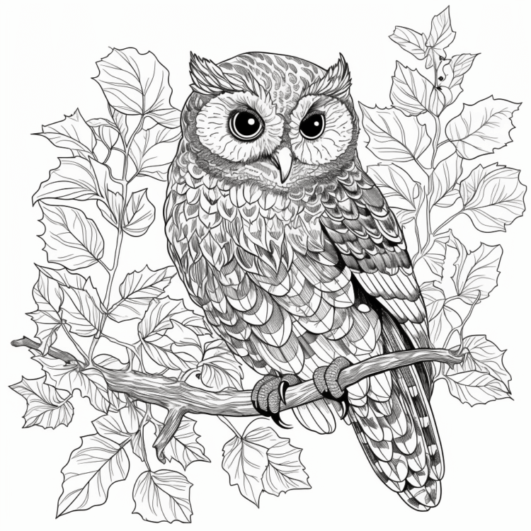 Dibujo para colorear búho con hojas