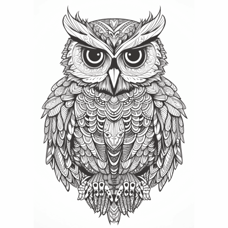 Dibujo para colorear búho con bonitas plumas
