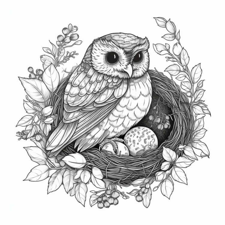 Coloring picture owl with two eggs