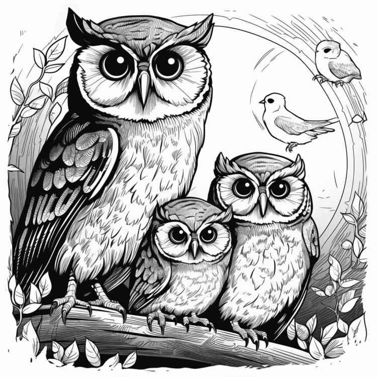 Dibujo para colorear búho y bebés
