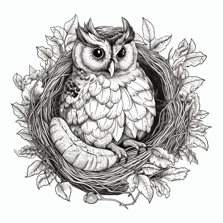 Dibujo para colorear búho y nido