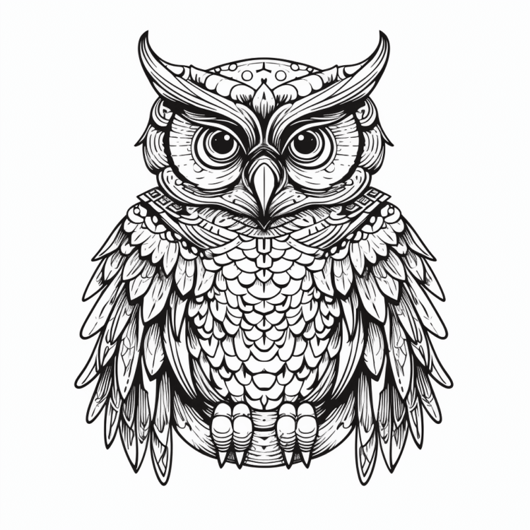 Dibujo para colorear búho y hermosas plumas