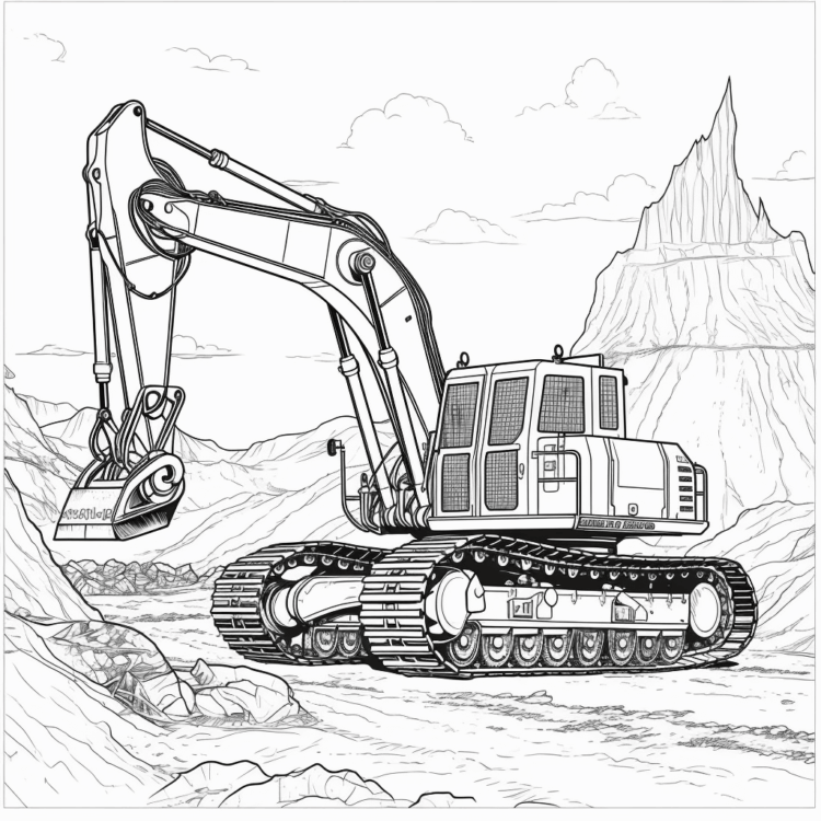 Dibujo para colorear excavadora en las montañas