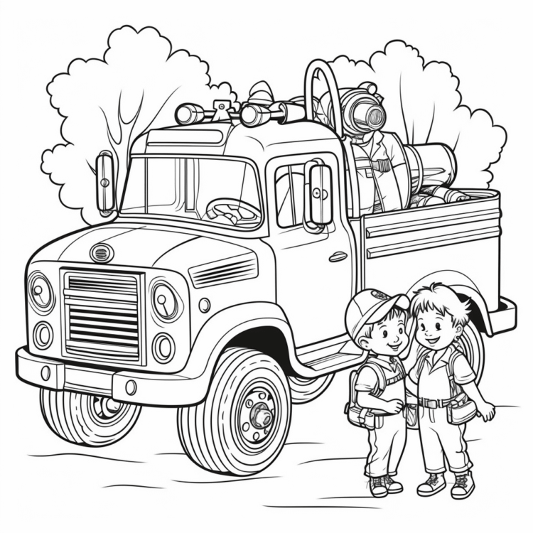 Coloring picture fire engine and children's firefighters