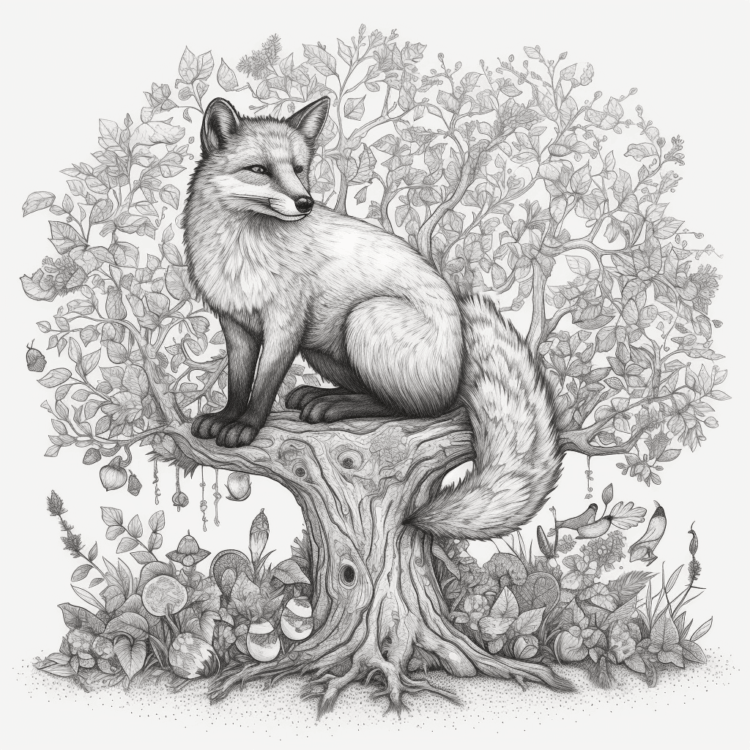 Dibujo para colorear zorro en un árbol