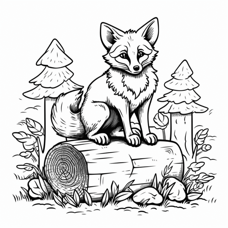 Coloring picture fox on a tree trunk