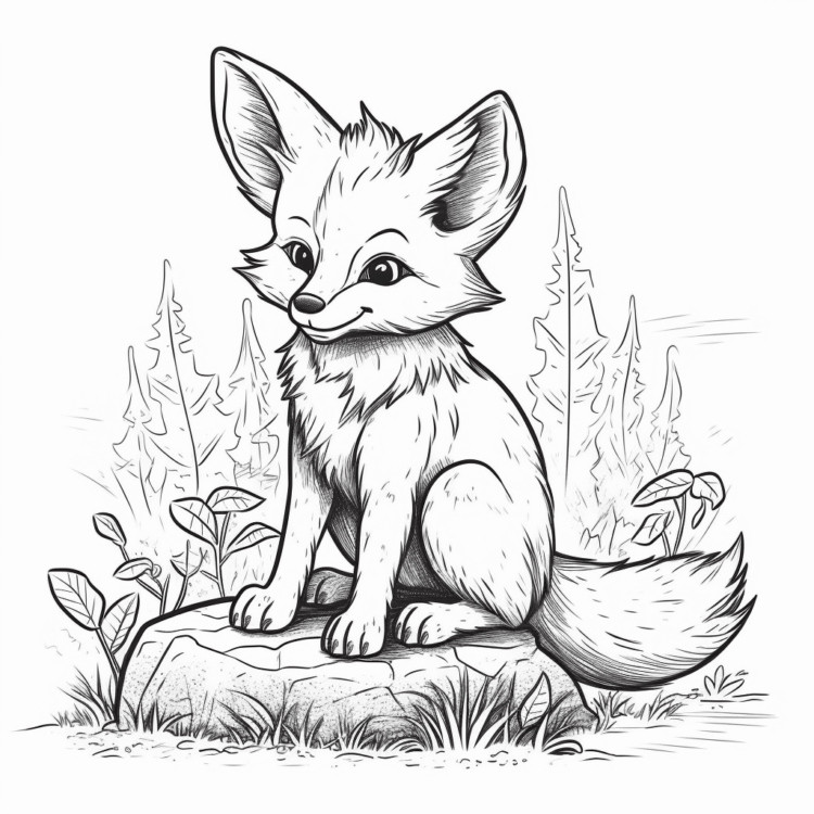 Coloring picture fox on a rock