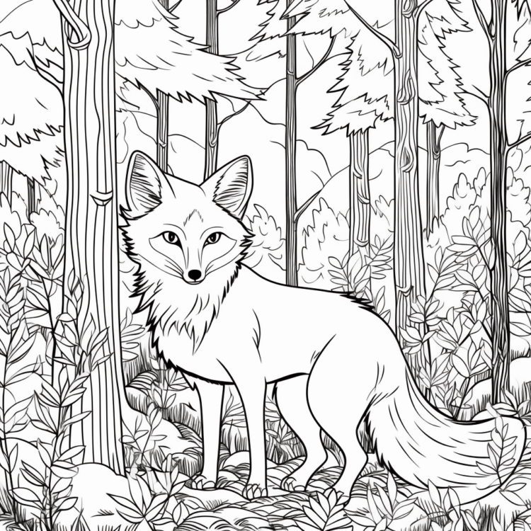 Coloring picture fox and trees