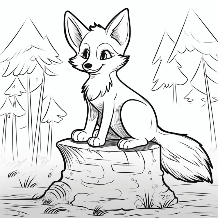 Coloring picture fox and tree trunk