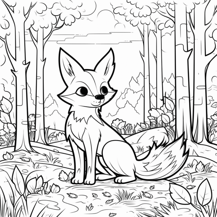 Coloring picture fox and tall trees