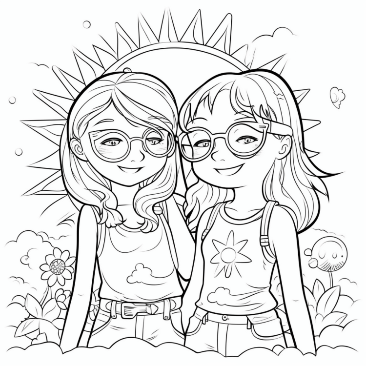 Coloring picture Happy girls in summer