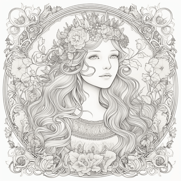 Dibujo para colorear de princesa en un marco