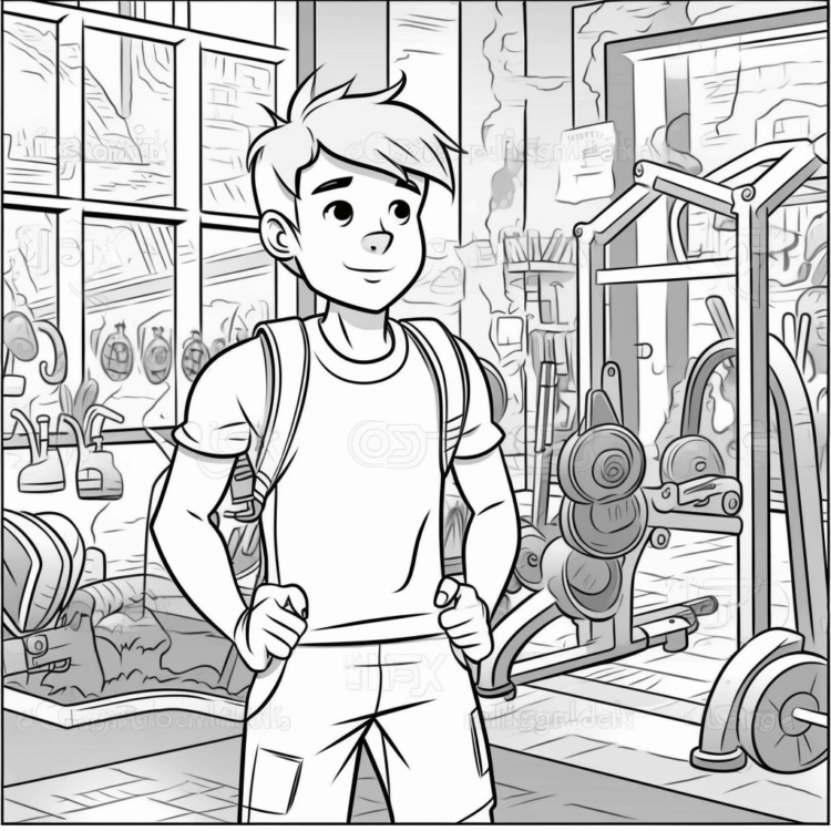 Dibujo para colorear niño en el gimnasio