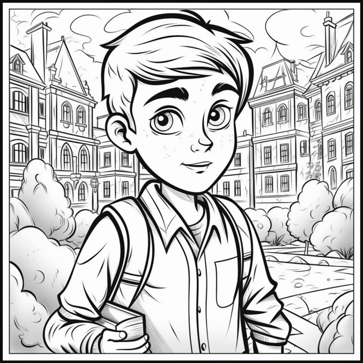 Dibujo para colorear niño en la escuela