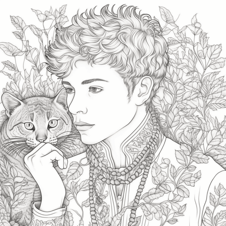 Dibujo para colorear gato y niño