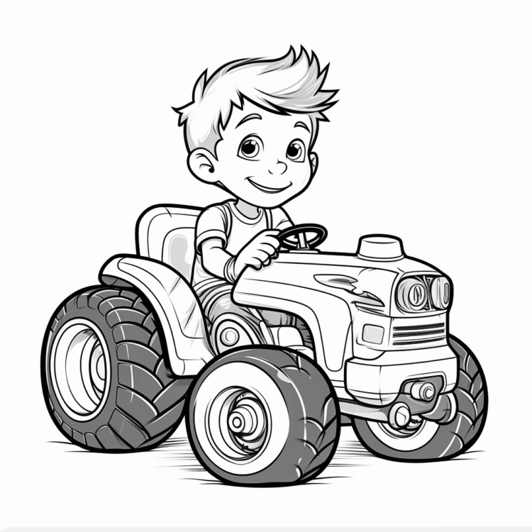 Ausmalbild Kind fährt einen Traktor